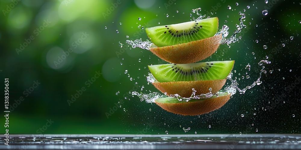 Poster fresh kiwi slices splashing in water with green background
