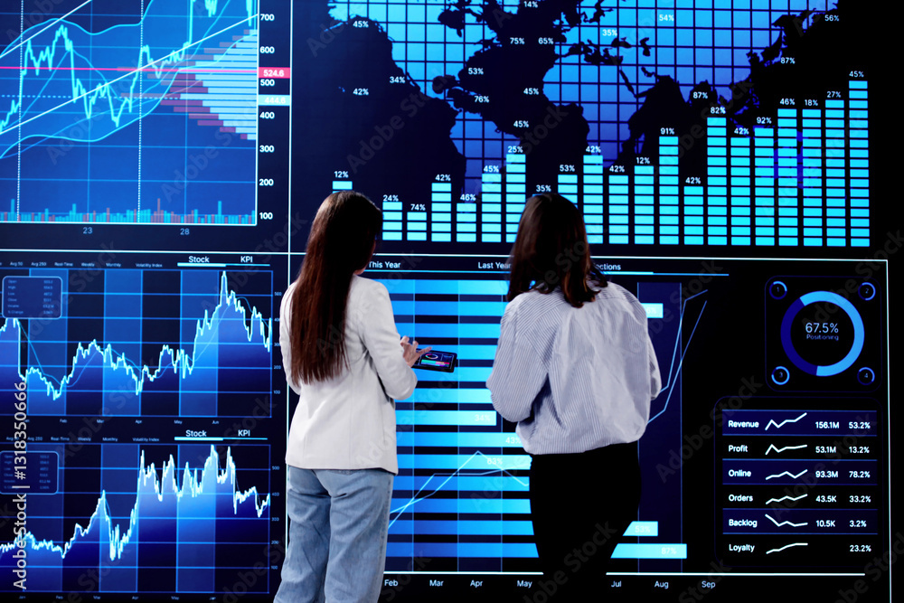 Aufkleber woman analyzing kpi data on artificial intelligence dashboard for business