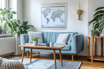 Elegant Modern Living Room with Blue Sofa and Gold Accents – Stylish Interior Design