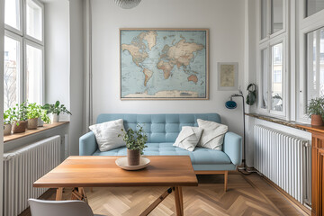 Elegant Modern Living Room with Blue Sofa and Gold Accents – Stylish Interior Design
