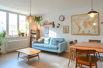 Elegant Modern Living Room with Blue Sofa and Gold Accents &ndash; Stylish Interior Design