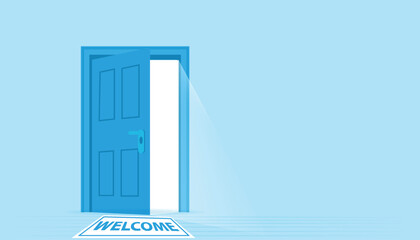 Opening a blue door welcome business opportunity concept 3D Rendering vector illustration design background