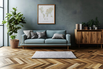 Elegant Modern Living Room with Blue Sofa and Gold Accents – Stylish Interior Design