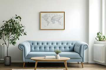 Elegant Modern Living Room with Blue Sofa and Gold Accents – Stylish Interior Design