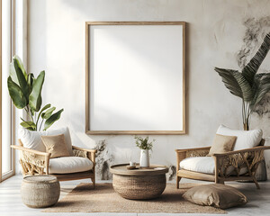 Living room mock up in Scandinavian style, blank poster frame on wall in minimalist modern living room interior background, 3D rendering by Oleksandr