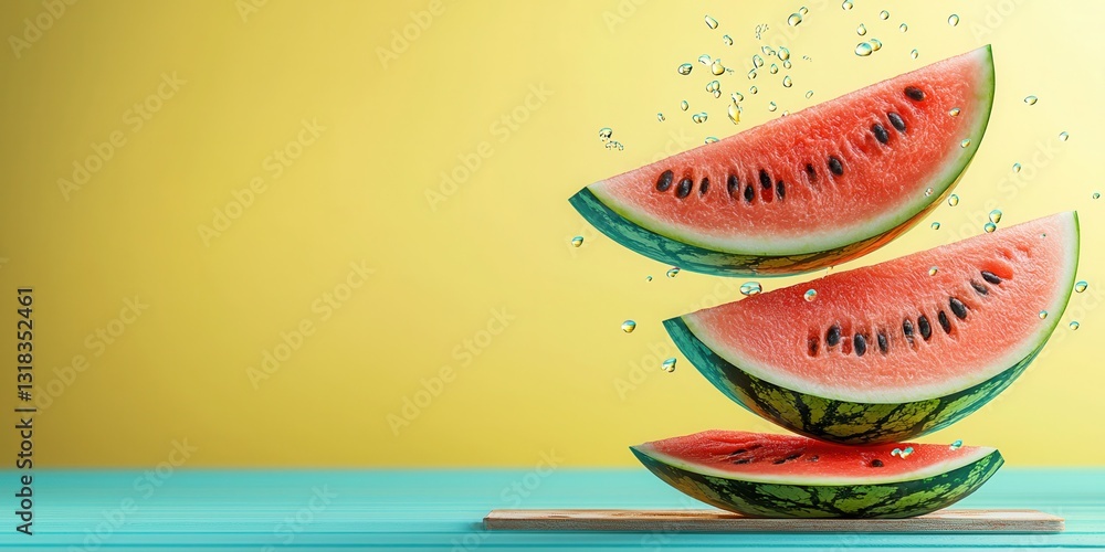 Poster fresh watermelon slices with splashing water on colorful background
