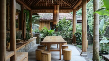 Fototapeta premium Wooden outdoor dining area. Tropical garden