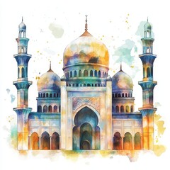 Obraz premium Watercolor Painting of a Grand Mosque with Golden Dome and Minarets