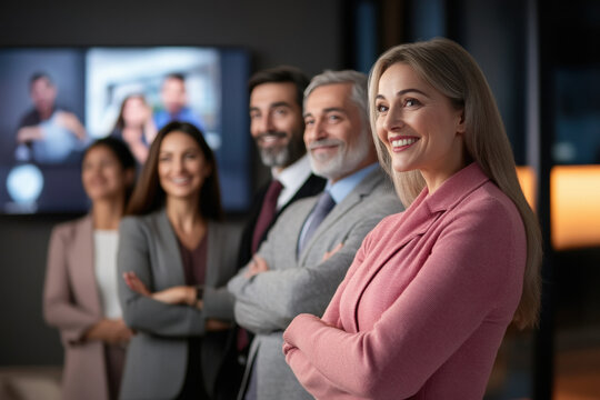 international business team on a video call, connecting across multiple time zones, screens filled with diverse professionals - Powered by Adobe