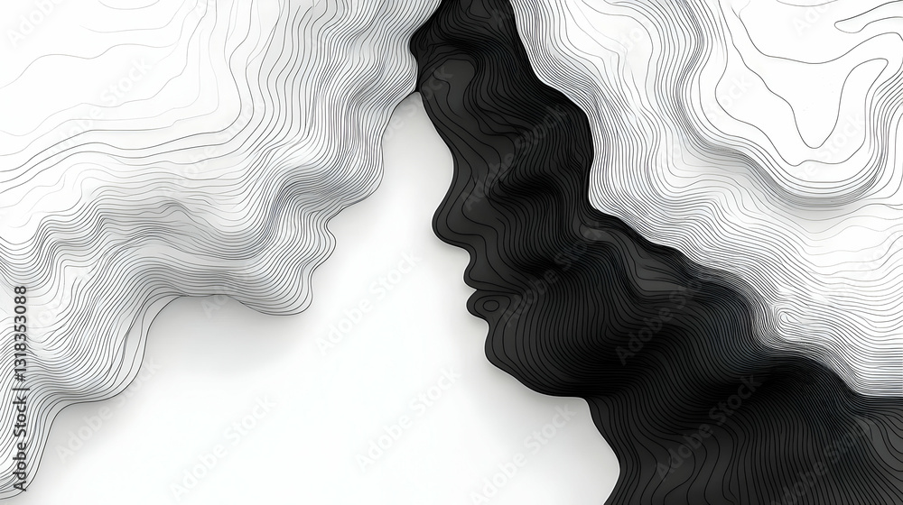 Poster abstract grayscale artwork depicting two faces in profile, one light and one dark, forming a contras