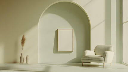 Living room mock up in Scandinavian style, blank poster frame on wall in minimalist modern living room interior background, 3D rendering by Oleksandr