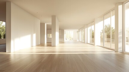 Obraz premium Bright and Spacious Modern House Interior with Large Windows and Wooden Floors