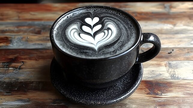 Charcoal Latte with Intricate Latte Art in a Black Ceramic Cup on Wooden Surface