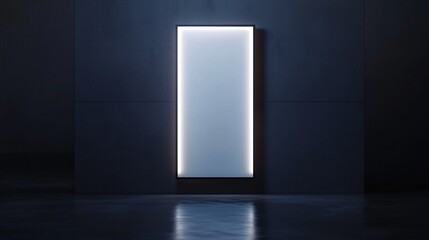 Illuminated vertical poster mockup on dark wall