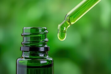 Close-Up of Dropper and Essential Oil Bottle Over Green Background