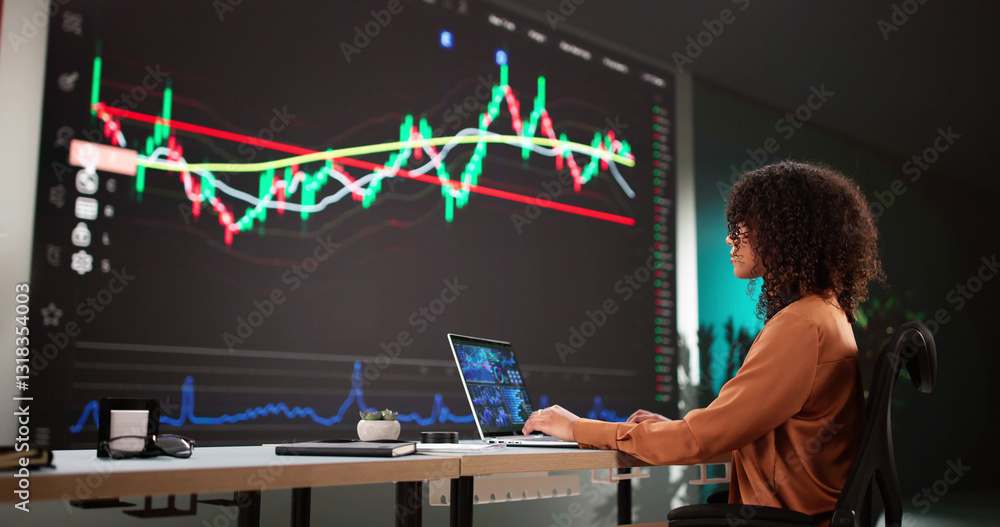 Fototapete female stock analyst analyzing data on computer screens
