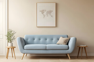 Fototapeta premium Elegant Modern Living Room with Blue Sofa and Gold Accents – Stylish Interior Design