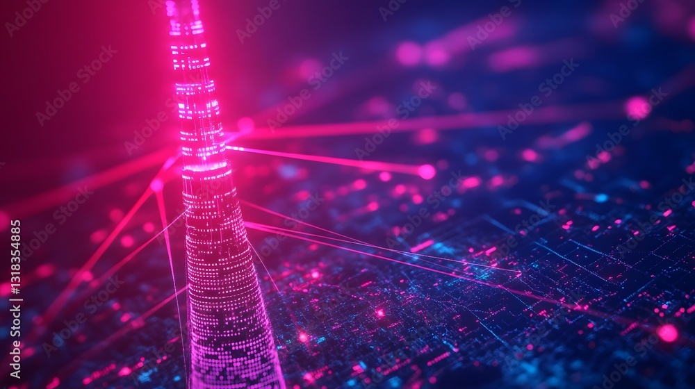 Poster futuristic 6g tower with beams of data transferring between devices representing hyper-connectivity