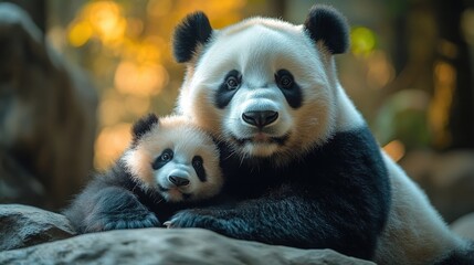 Fototapeta premium Tender Moment: Mother Panda and Cub in Natural Habitat