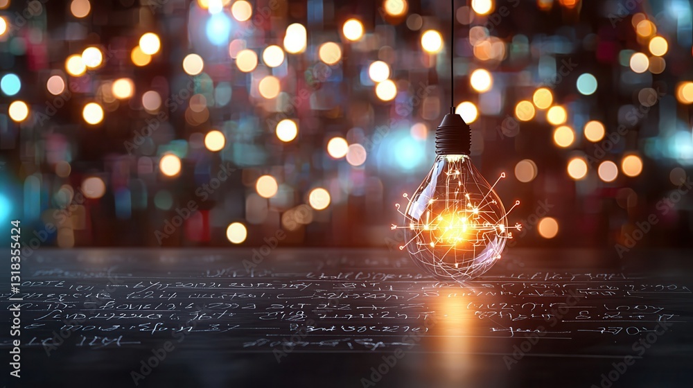 Poster glowing light bulb with abstract background of bright bokeh effects
