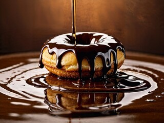 A fluffy donut drizzled with rich, glossy chocolate sauce. Generative AI.