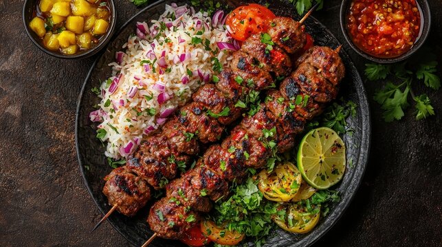Persian food Chelo Kabab Koobideh Dish top view on a dark brown background