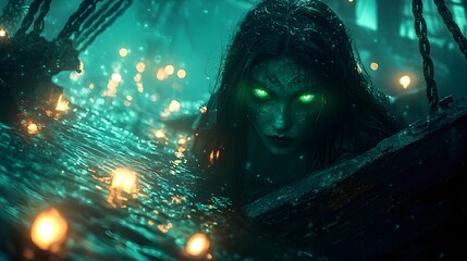Mysterious Mermaid Siren Lurking in Eerie Shipwreck with Glowing Lights