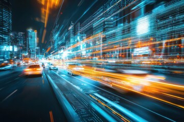 Fototapeta premium Future car traffic managed by smart digital systems in cityscape.