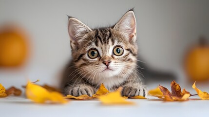 Wide-Eyed Kitten Posing Among Scattered Yellow Autumn Leaves with Minimal Background