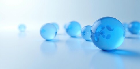 Glowing blue orbs positioned at different angles to create depth against a pure white surface, texture, glow