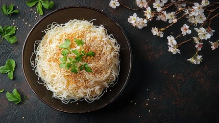 Japanese food Somen Dish top view on a dark brown background
