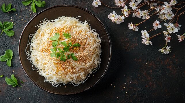 Japanese food Somen Dish top view on a dark brown background