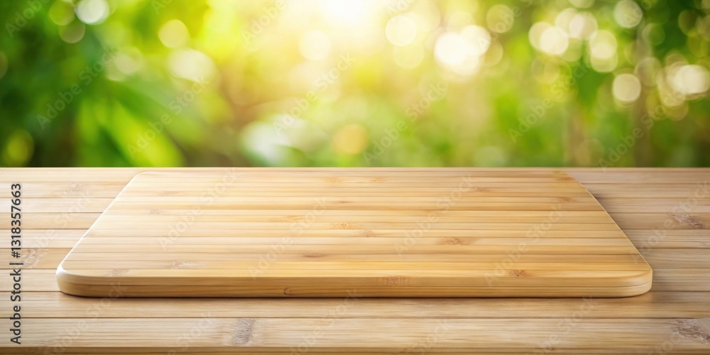 Aufkleber a wooden cutting board on a tabletop with a blurred green background