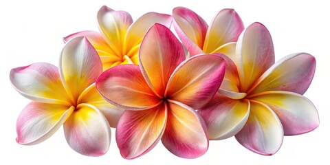 Fototapeta premium Softly hued pink and yellow petals of a delicate tropical flower blossom gracefully on a stark white background.