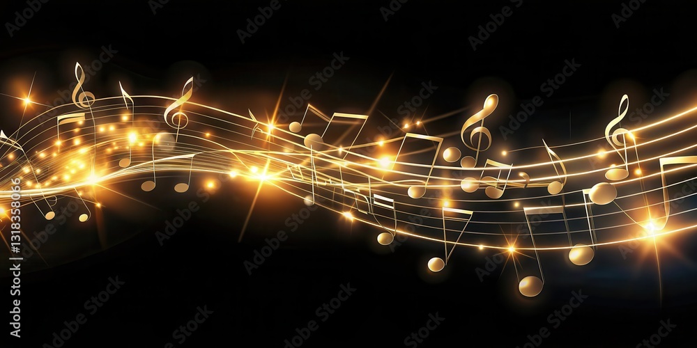 Poster a symphony of golden musical notes dancing on a black background, illuminated by shimmering lights.