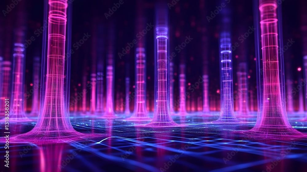 Poster futuristic 6g network infrastructure with ultra-fast data transfer visualized as glowing towers and 