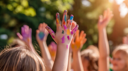 A vibrant and joyful scene from a children's party with colorful handprints in purple and orange, captured as kids express their creativity in a playful and artistic way.