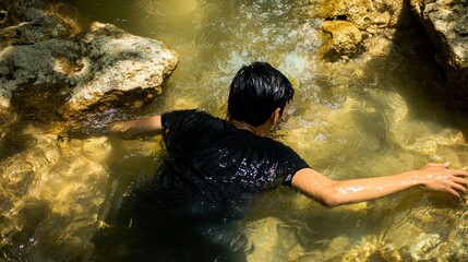 Desperate man struggling to stay afloat while drowning in a river. High-angle view of a person in distress reaching for help, symbolizing danger, emergency, and survival