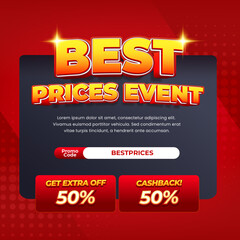 Fototapeta premium Best Prices Event Sale discount deals deep red gradient Editable text effect Promo code Extra sale and Cashback Free delivery Red Halftone style Promotional banner flyer Template