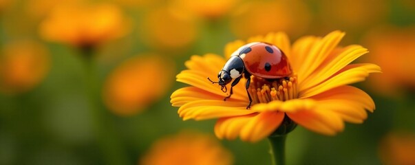 Obraz premium Ladybug resting on a bright orange blossom, its black and red shell glistening in the warm sunlight, orange, flowers