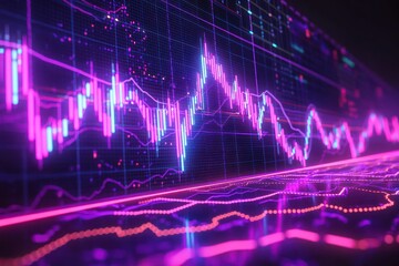 Fototapeta premium Candlestick patterns and stock trends shown on a wide neon graph.