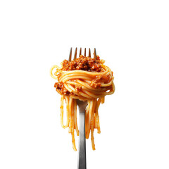
Spaghetti with sauce bolognese hanging on a fork transparent png.