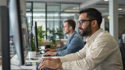 Two professionals typing on computers, modern office setting, bright natural light, greenery in the background, teamwork and productivity concept. Ai generative