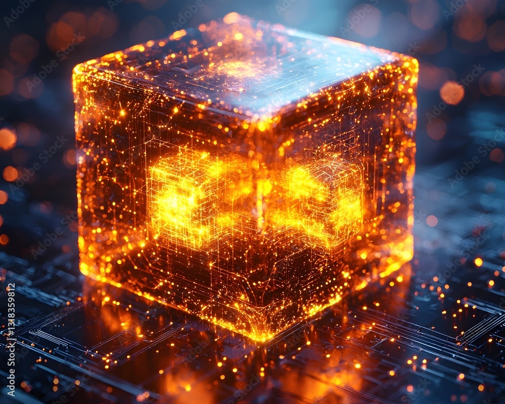 Poster glowing quantum cube radiating dynamic patterns of digital data
