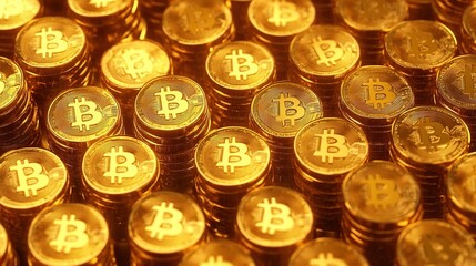 Gold Coin Pattern with Bitcoin Symbol, Rows and Stacks Form Infinite Background, Illuminated Reflections Highlight Shiny Texture, 