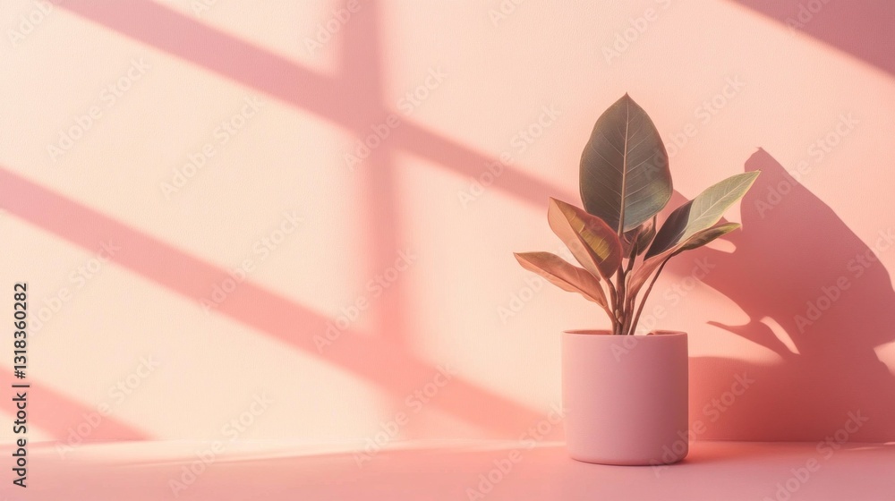 Poster Soft sunlight filters through a window, creating an artistic interplay of shadows on a warm pink wall. A small potted plant adds a touch of green tranquility to the aesthetic space