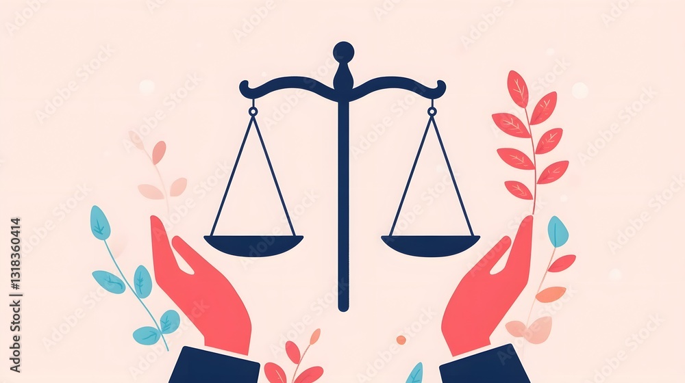 Poster hands holding balanced scale representing fairness and responsibility