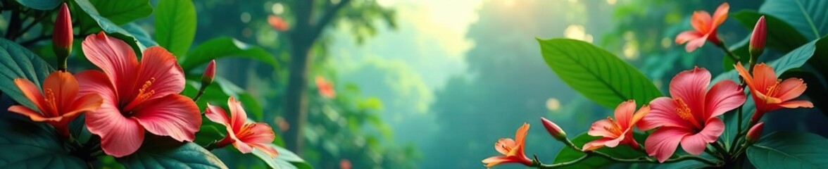 Fototapeta premium Exotic flowers surround a delicate veil in a jungle clearing, clearing, serene, tropical