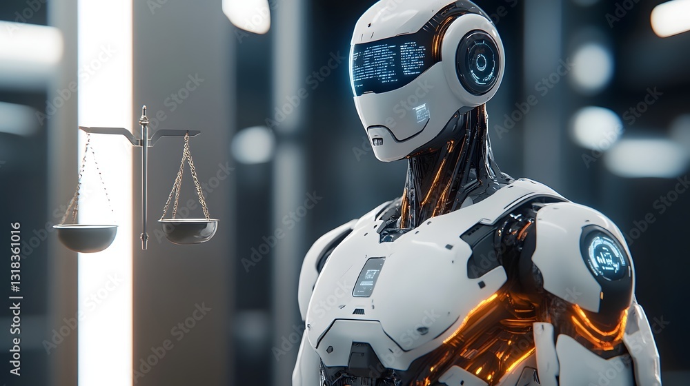 Poster futuristic ai-driven robotic judge with floating digital scales representing fair and impartial just