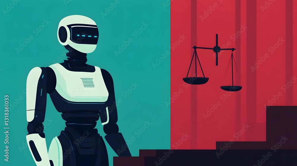 Poster futuristic robot judge with digital scales representing ai-driven fairness